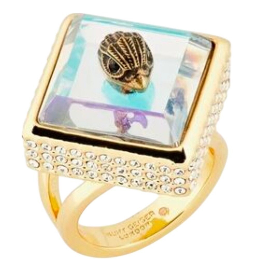 Kurt Geiger London Eagle Head Cocktail Ring Gold Tone‎ Crystal Pave NEW Size 8